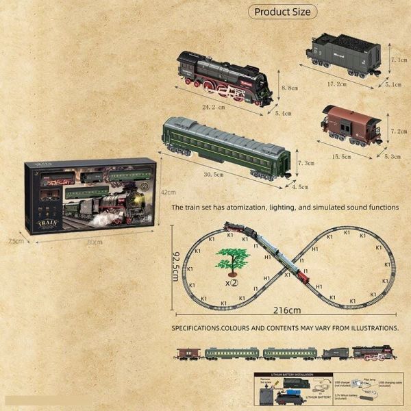 Залізниця 605 B (6) 5 вагонів довжиною 104 см, дорога 93х216 см, світло, пара, звук-беззвуч. режим, рух вперед-назад, акум. 3.7V, в коробці