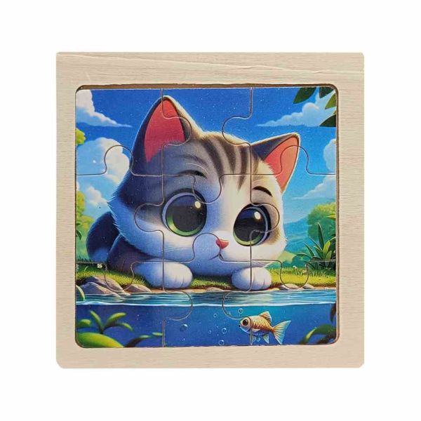 Дитячий дерев'яний пазл-вкладиш "Кошеня з рибкою" MD 1506-4, 9 елементів 9,8 х 9,8 х 0,4 см