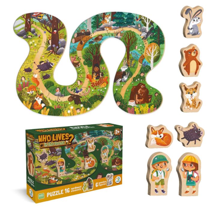 Дитячий пазл з дерев'яними фігурками "Хто живе в лісі?" 300608, 16 елементів