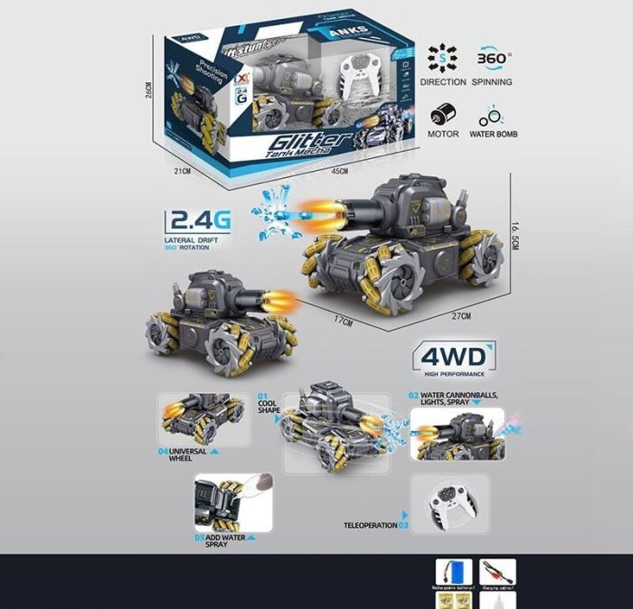 Танк на радіокеруванні (CXL 800-102 A3)  акум. 7.4V, пульт 2.4G, USB-кабель, підсвічування, парогенерація, стріляє орбізами, музика