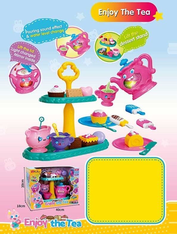 Набір посуду 35639 (8/2) музичний чайник, світло, 2 режими роботи, перемикач мелодій, звук, люстерко, сервірувальне блюдо, посуд, аксесуари, в коробці