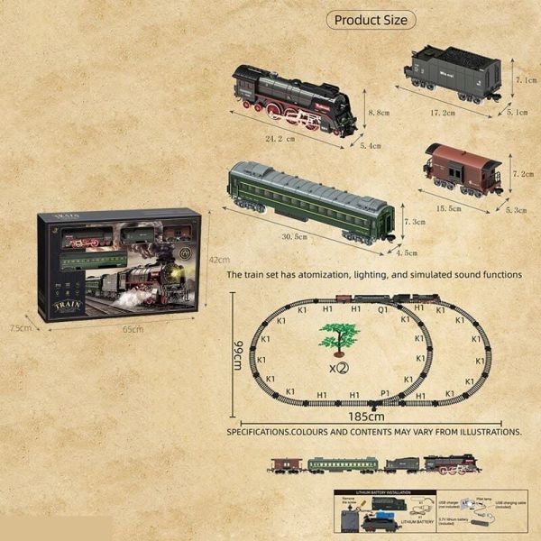 Залізниця 604 B (8) 4 вагони довжиною 81 см, дорога 99х180 см, світло, парогенерація, звук-беззвуч. режим, рух вперед-назад, акум. 3.7V, в коробці