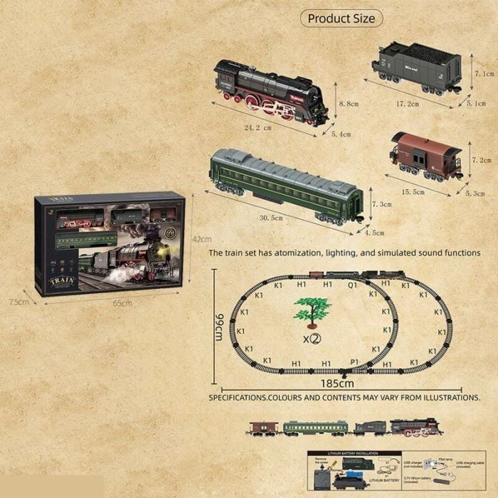 Залізниця 604 B (8) 4 вагони довжиною 81 см, дорога 99х180 см, світло, парогенерація, звук-беззвуч. режим, рух вперед-назад, акум. 3.7V, в коробці