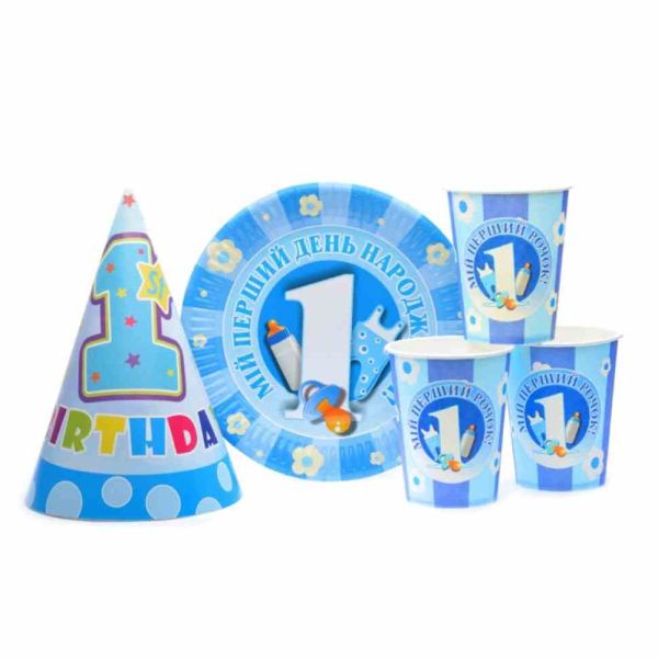 Набір посуду з ковпачками "1-й рік" блакитний 8020-0015 на 10 осіб