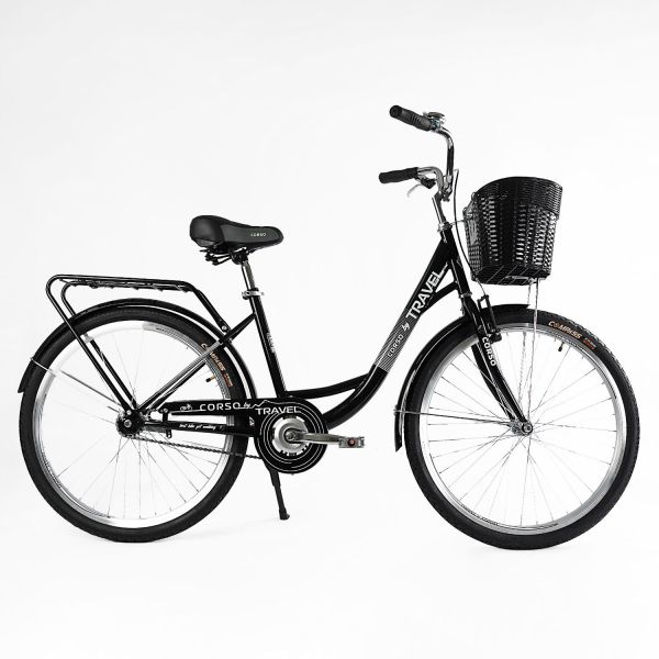 Велосипед міський Corso «TRAVEL» 26`` (TL-26207) + КОШИК, одношвидкісний, сталева рама 16.5``, корзина, багажник, колір ЧОРНИЙ
