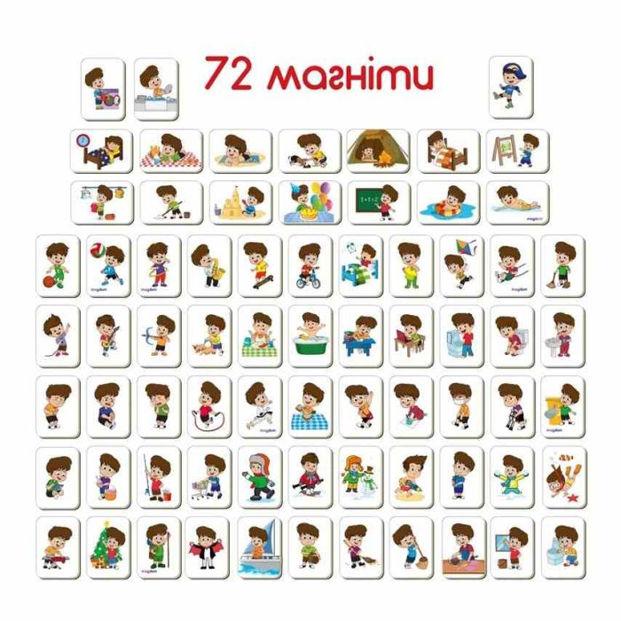 Дитячий розвиваючий набір магнітів "Розпорядок дня" ML4032-03, 72 магнітні фігурки