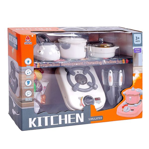 Набір посуду  096 D-4 A (15) 18 елементів, електрична плита, звук, підсвічування, парогенератор, продукти, озвучування китайською мовою, в коробці