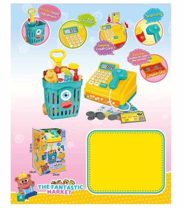 Дитячий Касовий апарат (35654) звуки, підсвічування, калькулятор, муляжі грошей, муляжі продуктів, кошик для супермаркету