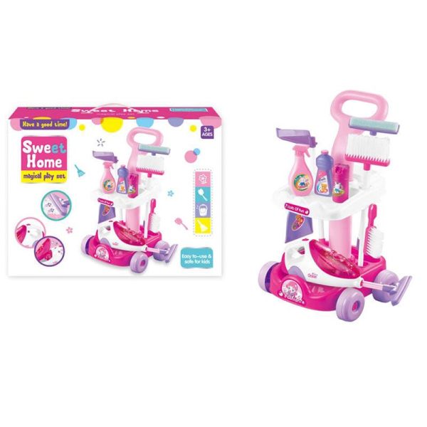 Дитячий Набір для прибирання (A 5928)  пилосос на батарейках, підсвічування, імітація справжнього інструменту, візочок, відро, швабра, аксесуари