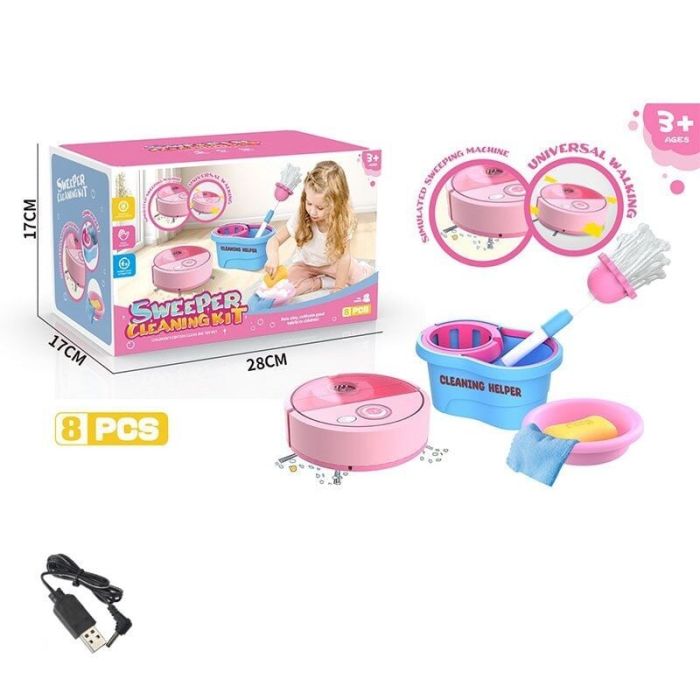 Дитячий Набір для прибирання (398-7) - 10 предметів, пилосос працює від акумулятора 3.7 V, USB-зарядка, швабра, тазик