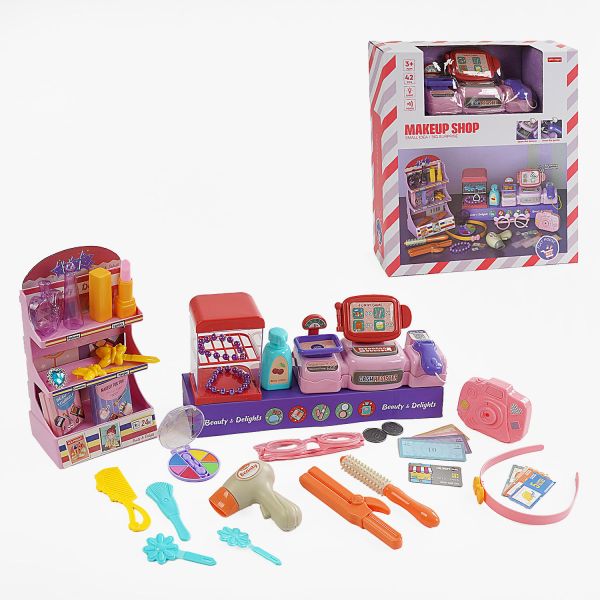 Дитячий Магазин MW 5582 (16) касовий апарат, звук, репліки англ. мовою, підсвічування, стелаж, муляжі, прикраси, наліпки, гребінець, окуляри, в коробці