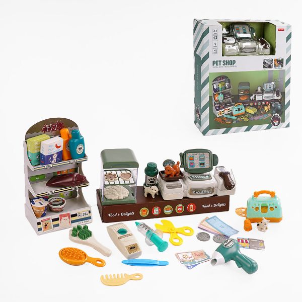 Дитячий Магазин MW 5583 (16) касовий апарат, звук, репліки англ. мовою, підсвічування, стелаж, муляжі, прикраси, наліпки, 4 улюбленці, в коробці