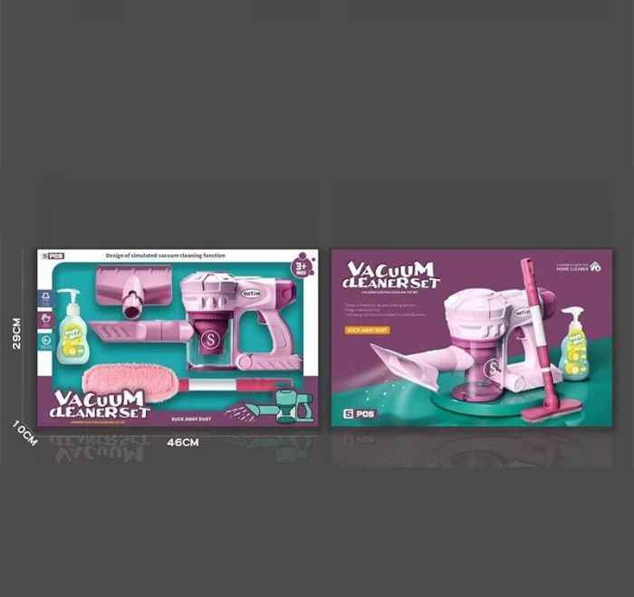 Дитячий Набір для прибирання (388-9) 6 елементів, пилосос на батарейках, всмоктує дрібне сміття, 2 насадки, пляшечка з “мийним засобом”, швабра