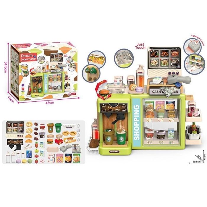 Дитячий Супермаркет (1101-1) звук, музика, озвучення англійською мовою, підсвічування, каса, сканер, кавомашина, шафа, імітація грошей, аксесуари