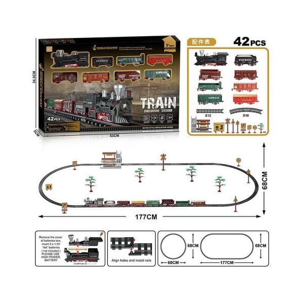 Залізниця 9299-89 (24) 42 ел., 8 вагонів довжиною 85 см, дорога 177х68 см, підсвічування, звук-беззвуч. режим, рух вперед, на батарейках, в коробці