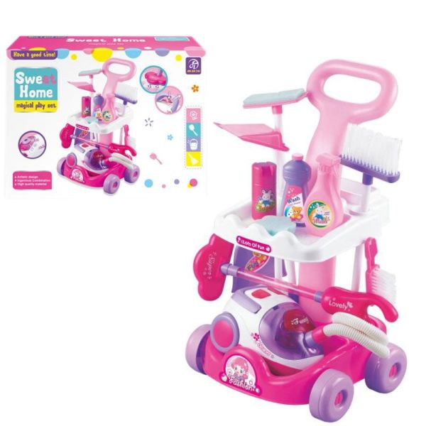 Дитячий Набір для прибирання (A 5952) пилосос на батарейках, підсвічування, імітація справжнього інструменту, візочок, відро, швабра, аксесуари