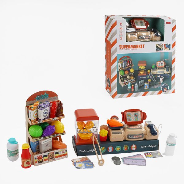 Дитячий Магазин MW 5581 (16) касовий апарат, звук, репліки англ. мовою, підсвічування, стелаж, муляжі, прикраси, наліпки, в коробці