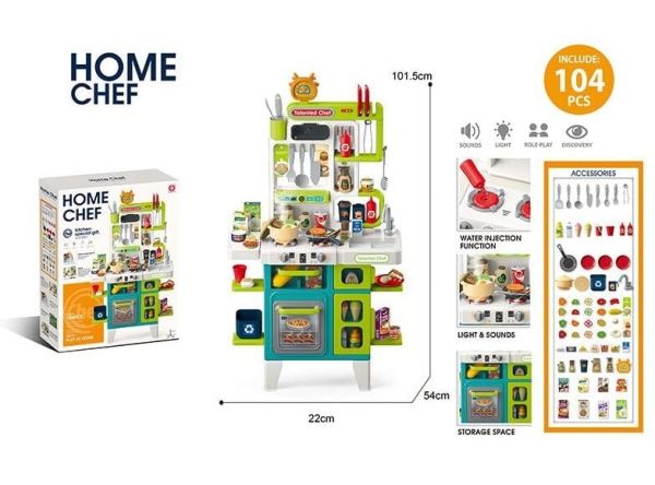 Дитяча Кухня 922-212 (8) висота 102 см, 104 елементи, світло, звук, парогенератор, помпова подача води, прибори, каструля, смітник, продукти, в коробці