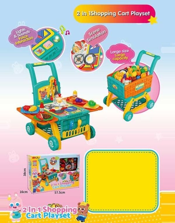 Дитячий Набір посуду (35633 A) 39 деталей, 2в1: візок та портативна кухня, імітація плити, світло, звук, мелодії, англ. фрази, аксесуари