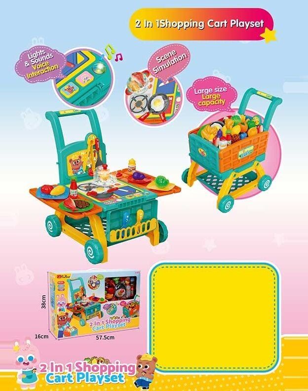 Дитячий Набір посуду (35633 A) 39 деталей, 2в1: візок та портативна кухня, імітація плити, світло, звук, мелодії, англ. фрази, аксесуари