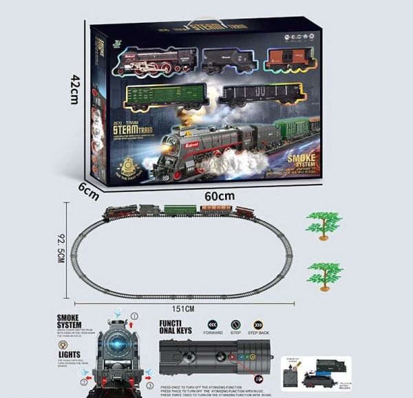 Залізниця 602 B (10) 5 вагонів довжиною 93см, дорога 99х138 см, світло, парогенерація, звук-беззвуч. режим, рух вперед-назад, акум. 3.7V, в коробці