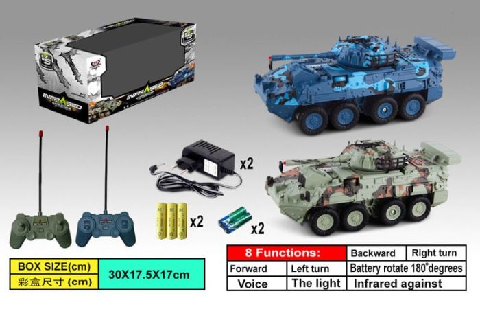 Танковий бій на радіокеруванні (333 ZJ 11) 2 танки, світло, звукові ефекти, імітація стрільби, гумові колеса, башти обертаються