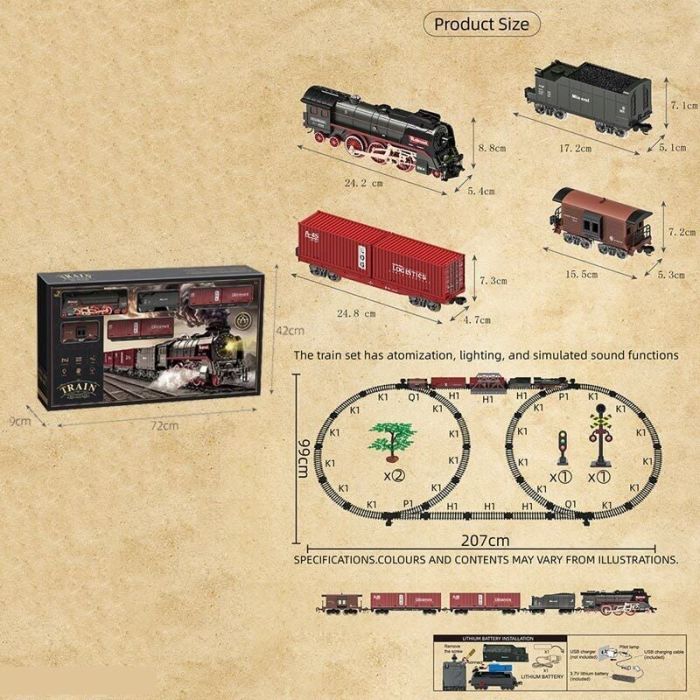 Залізниця 606 B (6) 5 вагонів довж. 85 см, дорога 99х207 см, підсвічування, парогенерація, звук-беззвуч. режим, рух вперед-назад, ак. 3.7V, в коробці