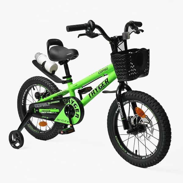 Дитячий двохколісний Велосипед 16дюймів CORSO "TAYGER" (TG-70411) алюмінієва рама, дискові гальма, дод. колеса, дзвоник, бутилочка