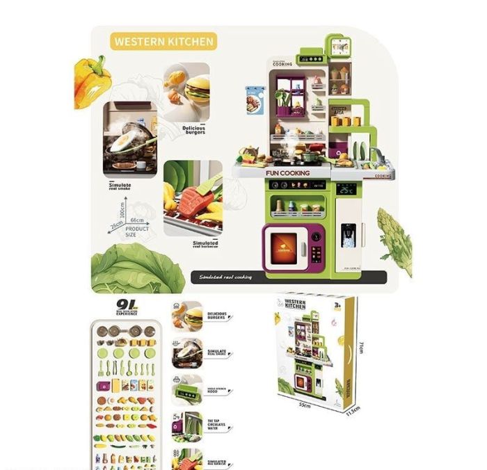 Дитяча Кухня 938 A (5) ел, звук, помповий механізм подачі води, парогенерація, посуд, їжа, аксесуари, мікрохвильова піч, підсвіч, музична панель, в коробці