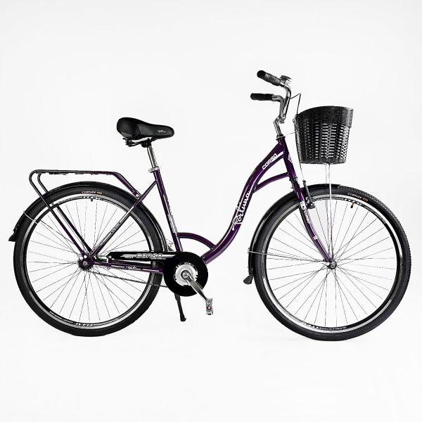 Велосипед міський Corso «FORTUNA» 28`` FR-28077 + КОШИК (1) ТЕМНО-ФІОЛЕТОВИЙ, одношвидкісний, сталева рама 20``, корзина, багажник
