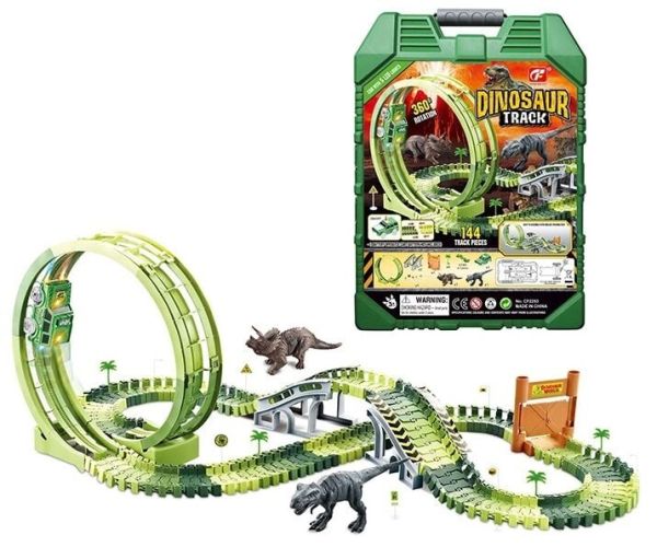 Трек CF 2253 (8) 144 деталі, машинка на батарейках, підсвічування, 2 фігурки динозаврів, у валізі