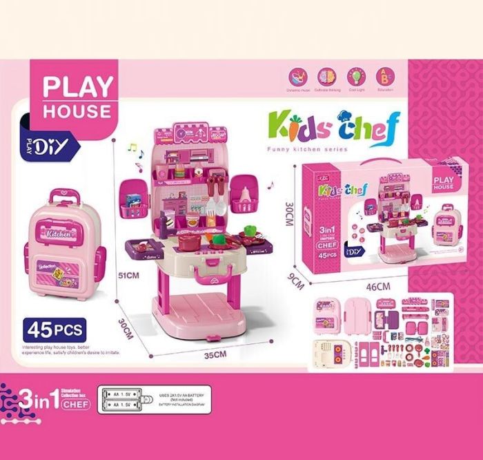 Дитяча Кухня (T 2157-4) озвуч. англійською мовою, каструлі, сковорідки, продукти, столові прибори, кухонні аксесуари, на батарейках, підсвічування, звук