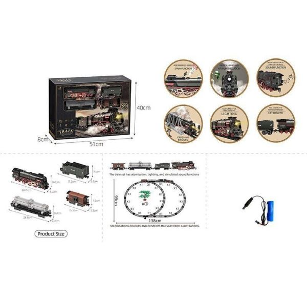 Залізниця 611 B (12) 4 вагони довжиною 72 см, дорога 99х138 см, підсвічування, пара, звук-беззвучний режим, рух вперед-назад, ак. 3.7V, в коробці