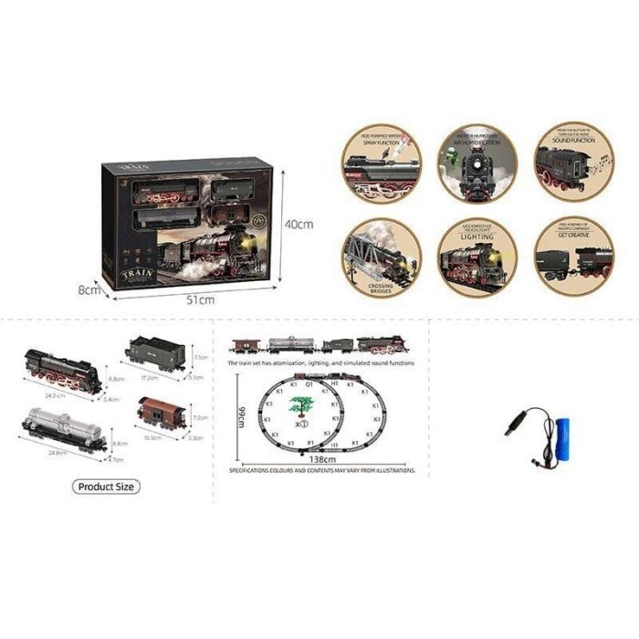 Залізниця 611 B (12) 4 вагони довжиною 72 см, дорога 99х138 см, підсвічування, пара, звук-беззвучний режим, рух вперед-назад, ак. 3.7V, в коробці