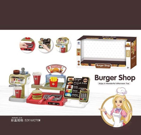 Кав`ярня 818-295 (12) “Фастфуд” касовий апарат, звук, від батарейок, кавомашина, фритюр, прилавок, бургер, аксесуари, в коробці