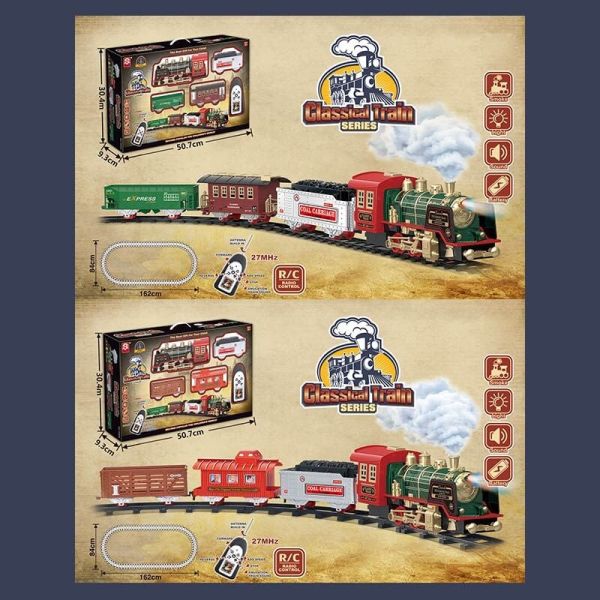 Залізниця на радіокеруванні 3095 A/B (12) 2 види, радіокерування, пульт 27 MHz, звук, підсвічування, парогенератор, локомотив+3 вагони, декорації, в к